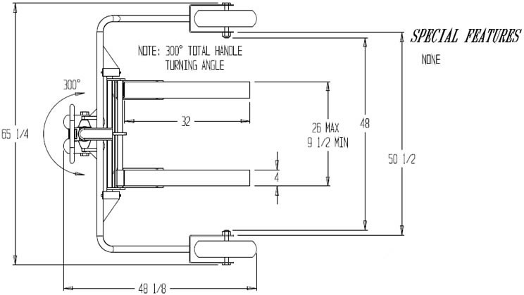 Drawing of All Terrain Pallet Truck showcasing the 300 degree turning angle of the handle.