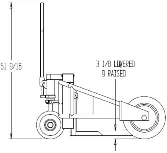 The All Terrain Pallet Truck has a 3 1/8" lowered fork height and a 9" raised fork height.
