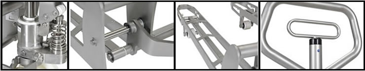 The Stainless Steel Hydraulic Hand Pump Pallet Jack has the ergonomically friendly handle at a height that diminishes slouching and can be rotated for simple maneuvering of products down narrow corridors and pathways. 