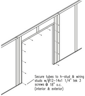 Secure studs to tubes by fastening through the leg of the studs and h-stud with #12-14 x 1-1/4" Tek 3 screws.