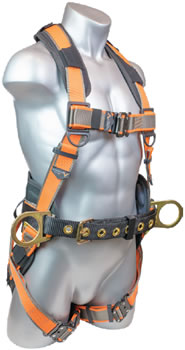 These harnesses provides a single back D-Ring, two side D-Rings, multiple adjustment points, and padding on the shoulders, back, waist, and legs for a comfortable fit.